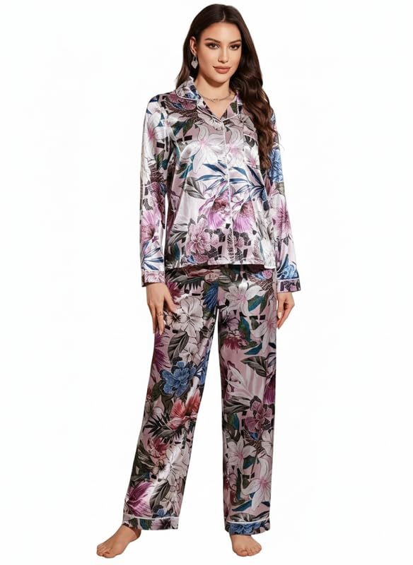 Image of PABROS Night Suit for Women with Full Sleeve Button-Down Top with Pant Dress for Woman, Night Dress for Woman, Cotton Two-Piece Loungewear Set