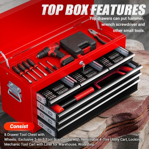 Image of 8-Drawers Rolling Tool Chest, Assembled Tool Cabinet, Detachable Top Toolbox, 30% Extra Storage Tool Cabinet Universal Lockable Wheels, Tool Rack, Metal Tool Storage Cart for Garage Workshop, Red