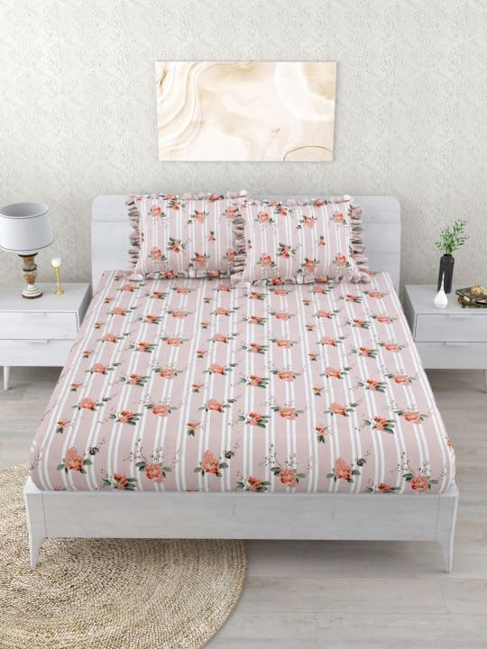 Image of King Size Fitted Bedsheet for Double Bed | 300 TC Cotton Feel Microfiber | All Around Elastic with 2 Frill Pillow Covers | Soft & Durable | (PinkRoseFrill, Fitted -60x78 Queen)