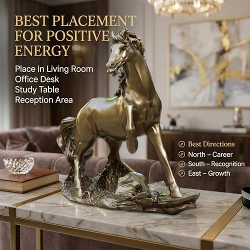 Golden Horse Showpiece Statue for Home Decor 9 Inch Resin Horse Figurine | Vastu Feng Shui Horse Statue for Office Desk Living Room Career Wealth Prosperity Gift — photo — 3 of 9