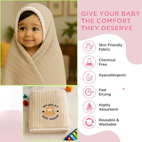 Image of DIVYAM Kids Bath Towel - 425 GSM Soft Microfiber Towel for Newborns, Toddlers & Kids - Lightweight, Absorbent - Cute Bear Print - Beige Color - 120 x 60 CM - Travel Friendly - Set of 1