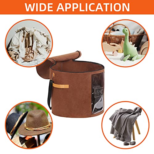 Ohiyoo Large Hat Boxes For Wide Brim, Large Hat Storage Box 19" D X 17" H, Hat Boxes For Women Storage Large Round Men Hat Box, Foldable Felt Stuffed Animal Toy Storage Bin With Lid (Brown) #TOP6