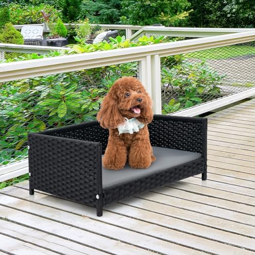 PETSITE Wicker Dog Bed, Rattan Pet Bed with Metal Frame, Soft Waterproof Removable Cushion, Elevated Indoor Outdoor Dog Couch Sofa for Small Medium Sized Dogs, 24.5 x 18 x 10 inch - Image 3