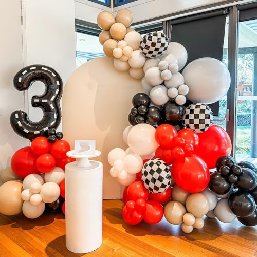Image of 153Pcs Race Car Balloon Garland Arch Kit - Red and Black White Checkered Balloon Arch Kit 18 10 5 Inch Different Size Balloons for Racing Car Two Fast 2nd Theme Birthday Party Decorations