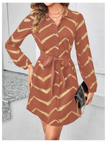 Image of SweatyRocks Women's Metallic Gold Long Sleeve Dresses Collar Shirtdress Casino Night Party Outfit