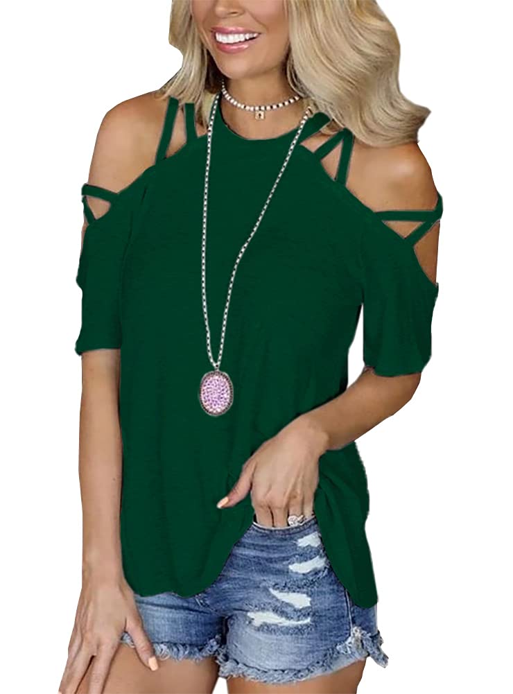 BILIKE JOMEX Off The Shoulder Tops for Women Sexy Long Short Sleeve Strappy Cold Shoulder T-Shirt