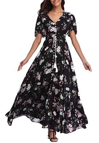 VintageClothing Women's Floral Maxi Dresses Boho Button Up Split Summer Casual Long Dress Beach Party Dress3
