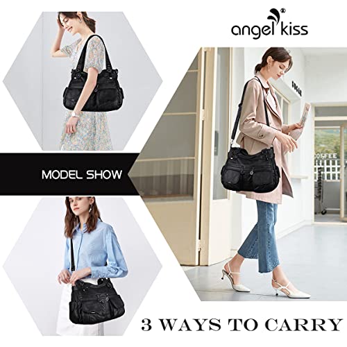 Image of Purses Women Handbags Large Double Zipper Multi Pocket Washed Shoulder Bags Purse with compartments Designer