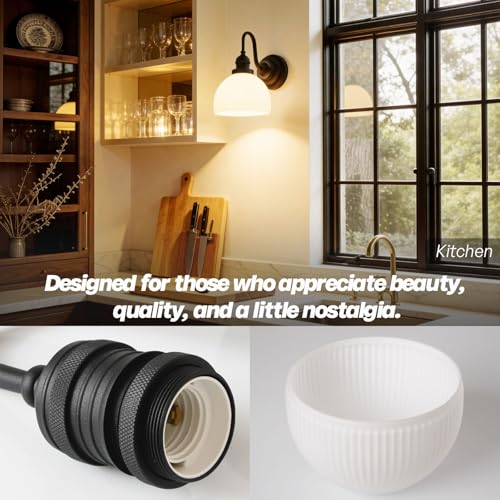 Image of Black Wall Sconce Vintage Milk Glass Bathroom Vanity Light | Bathroom Light Fixtures,Matte Black,Thick Half-Round Glass Shade,Hardwired Only,E26 Base,for Bathroom Mirror Hallway