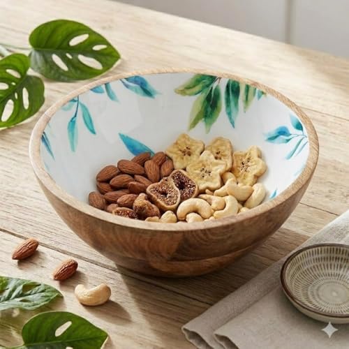 Image of SAAGA Printed Mango Wood Mixing Bowl | 8 x 2.5 Inch Large Wooden Serving Bowl for Salads, Fruits, Snacks, Curries & Desserts | Handcrafted Kitchen & Dining Bowl | White & Aquamarine