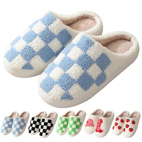 House Slippers for Women Men, Plush Warm Fuzzy Slippers, Cozy Memory Foam Checkered Slippers, Bedroom Indoor Outdoor Slip on Plaid Shoes with Fur