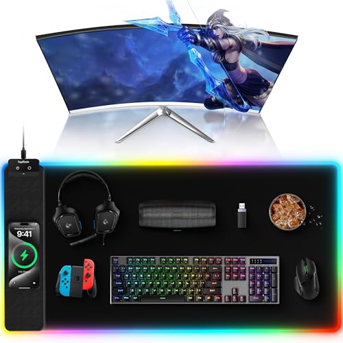Image of TopMade Mouse Pad with Wireless Charging, 31.5 inch x 15.75 inch Large Desk Mat RGB Gaming Mousepad, LED Desk Pad Keyboard Pad with Ultra-Smooth Surface & Non-Slip Rubber Base, Waterproof Desk Pad