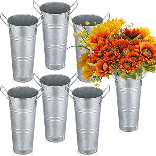 Chumia 6 Pcs Buckets Bulk Cut Flower Bar Supplies Wedding Party Centerpiece Galvanized Vase Metal Bloom Bridal Bouquet Pail with Handle French Farmhouse Rustic Floral Arrangement(Silver,9 Inch)