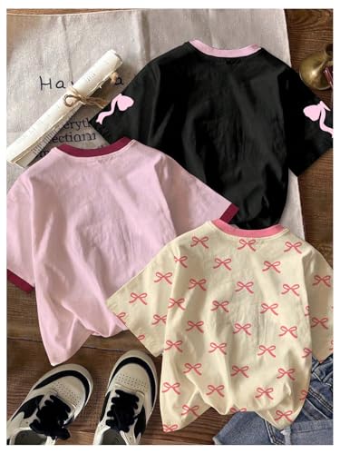 Image of SweatyRocks Girl's 3 Pack Cute Letter Graphic T Shirt Crewneck Short Sleeve Summer Casual Tee Shirt