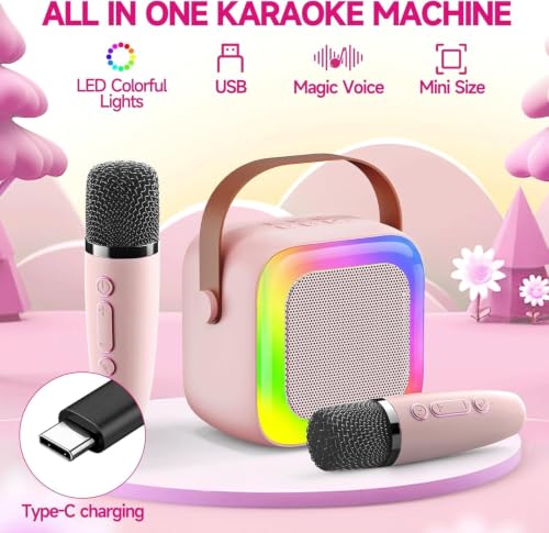 Image of Mini Karaoke Machine for Kids with 2 Wireless Microphones Portable Bluetooth Speaker, LED Disco Lights & Voice Changer, Great Birthday Gift for Girls Ages 3-12, Perfect for Family Parties and Home