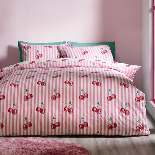 Catherine Lansfield Disco Cherries Stripes Reversible Double Duvet Cover Set with Pillowcases Pink