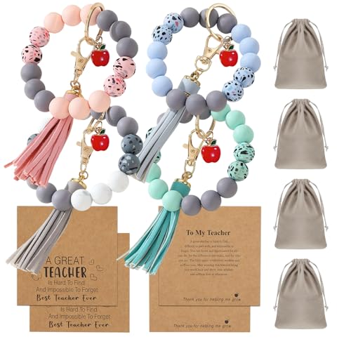 LYART 4Set Teacher Appreciation Bracelets Keychains Gifts in Bulk for Women, with Thank You Message Cards from Student, Silicone Teacher Bracelet Jewelry for Women