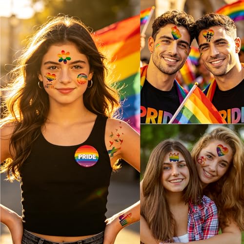 Image of 20 Sheets 2026 Pride Temporary Tattoos,170+ PCS LGBT Rainbow Gay Pride tattoos Stickers for Women, Men, Adults, Rave Party Accessories, Equality Celebrations
