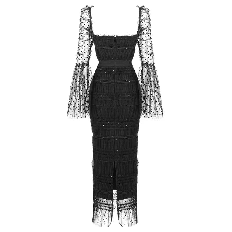 Women's Sequins Mesh Splicing Midi Dress Solid Dot Slim Dresses Square Collar Workwear Dress2