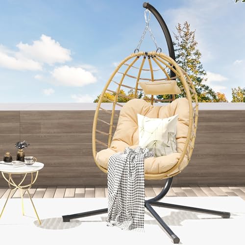 DWVO Egg Hanging Swing Chair with Stand Egg Chair Wicker Indoor Outdoor Hammock Egg Chair with Cushions 330lbs for Patio, Bedroom, Garden and Balcony, Beige