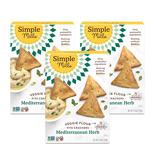 Image of Simple Mills Veggie Pita Crackers, Mediterranean Herb - Gluten Free, Vegan, Healthy Snacks, Paleo Friendly, 4.25 Ounce (Pack of 3)