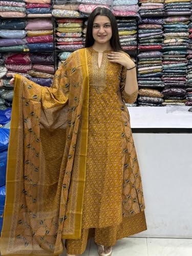 Image of GoSriKi Kurta Sets for Women Viscose Blend Printed | Kurti Set for Woman | Kurta Palazzo Dupatta Set | A Line Kurti | Mandarin Collar 3 /4 Sleeve Suit Set for Women Stylish Ethnic Outfit