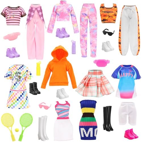 22 Pcs Doll Clothes and Accessories, Sport Outfit, Fashion Dresses, Hoodie, Pleated Skirt, Athleisure Sets, Baseball Play Set, Shoes Water Bottle Glasses Waist Bag for 11.5 inch Dolls