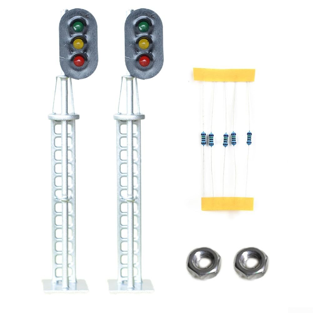 O Scale Model Train Block Signals 3 Aspects LED Railway Lights with Green Yellow Red Indicators, 2-Pack Silver Signal Accessories for HO Scale Railroad Layouts, 12V-16V DC Common Anode Design