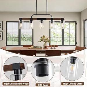 Farmhouse Dining Room Light Fixture ,Rustic Ceiling Pendant Light Fixtures,5-Light Wood Kitchen Island Lighting/Chandelier Over Table,Hanging for Linear Chandeliers,with Clear Glass lampshade Farmhouse Dining Room Light Fixture Rustic Ceiling Pendant Light Fixtures5 Light Wood Kitchen Island LightingChandelier Over TableHanging for Linear Chandelierswith Clear Glass lampshade