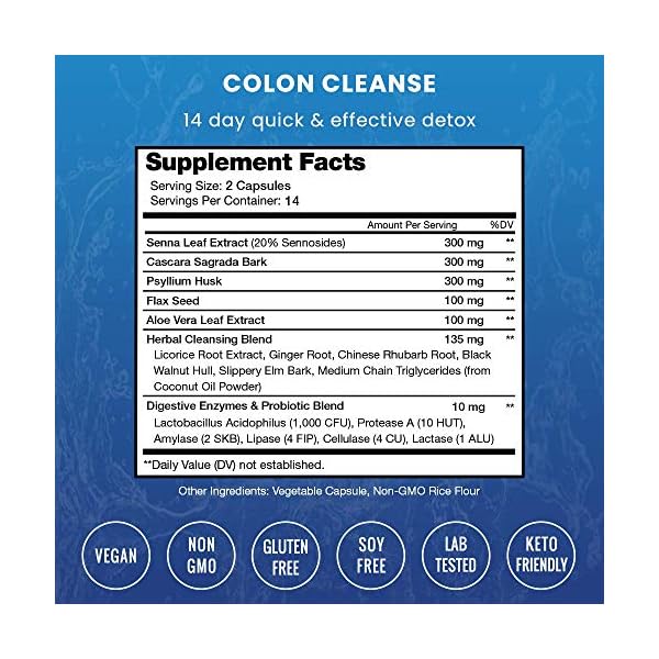 Colon Cleanse & Detox for Weight Loss [14 Day Quick Cleanser] Safe & Effective Formula with Probiotic & Digestive Enzymes for Constipation Relief - Capsules Supplement to Flush Toxins & Boost Energy