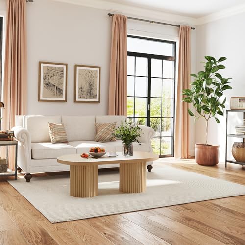Image of Fluted Oval Coffee Table for Living Room, Boho Modern Coffee Table,Natural | Mid Century Modern Coffee Table with Fluted Legs, Wooden Center Table for Home Office Cafe, Vintage, 39.38 inch x 19.69 inch x 13.78 inch