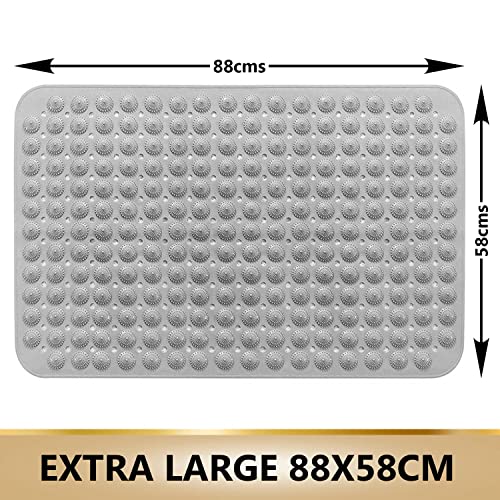 Image of TurtleGrip Anti-Slip Shower Mat, 88x58 cm Accu-Pebble (Grey), Anti-Skid Extra Large Bath Mat with Suction Cups, Machine Washable Bathroom Mats with Drain Holes