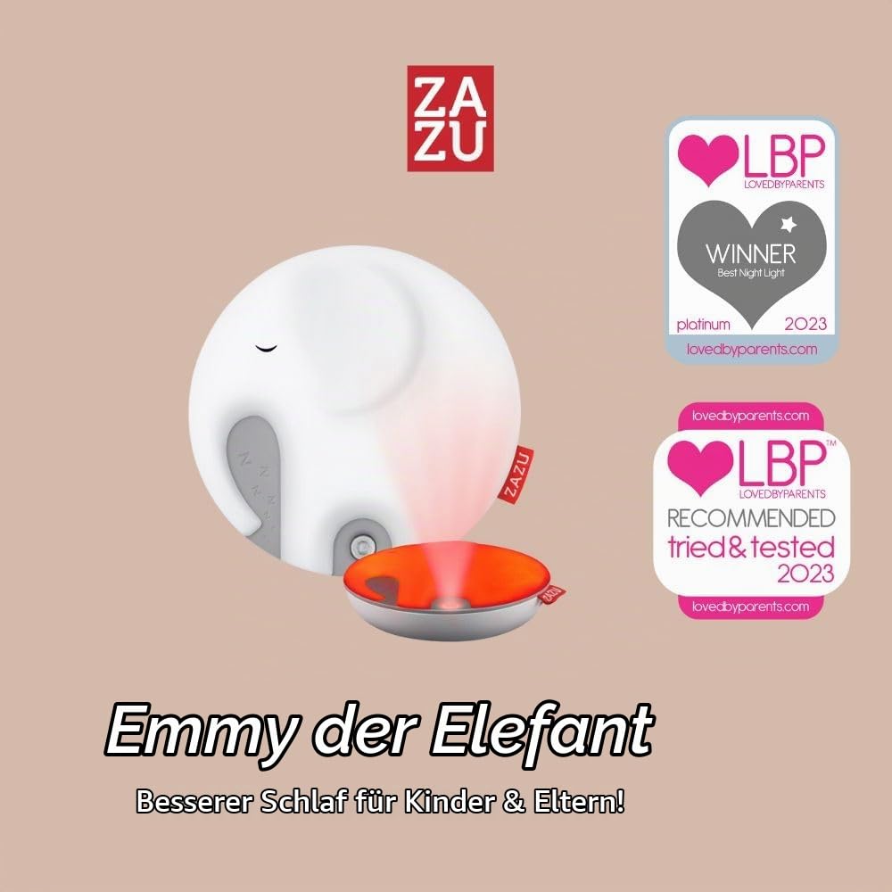 Zazu - Emmy der Elefant Atemlicht mit Nachtlicht & Musikbox - Entspannendes rotes Licht, Weißes Rauschen, Schlaflieder - Automatisches Ein-/Ausschalten - Baby-Schlafhilfe