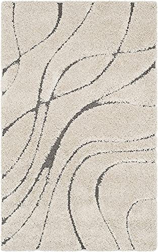 Image of Geometric Wave Shaggy Rectangular Carpet For Living Room,Bedroom,High Low Design Finish Microfiber 1.8 Inch Pile High,7X10 Feet Ivory|Grey Color