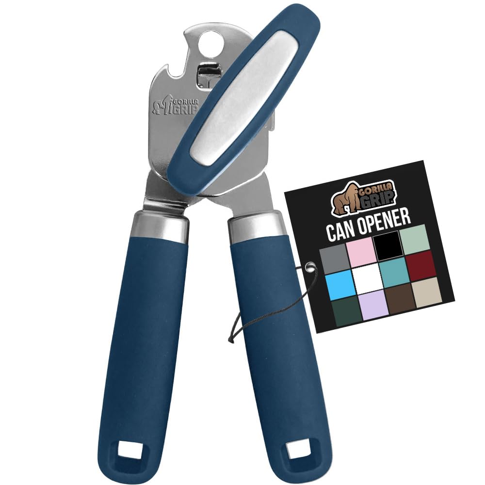 GORILLA GRIP Heavy Duty Stainless Steel Smooth Edge Manual Can Opener and Bottle Openers, Soft Comfortable Handle, Oversized Handheld Turn Knob, US Designed Multifunctional Kitchen Tool, Blue