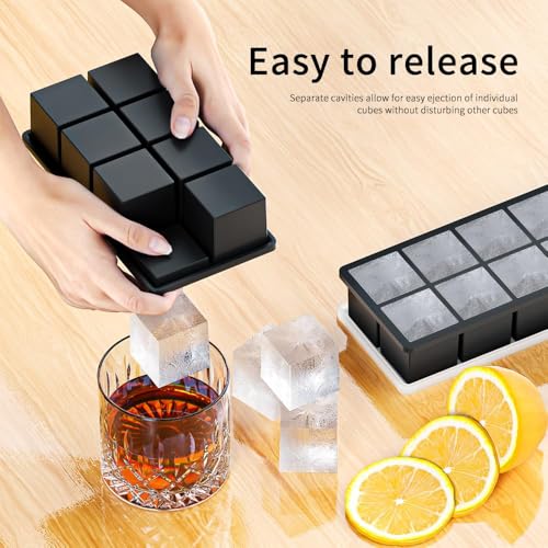 Image of 1PECK Large Ice Cube Tray with Lid, 8 Grid Stackable Big Silicone Square Ice Cube Mold for Whiskey Cocktails Bourbon Soups Frozen Treats, Easy Release BPA Free(Black) (1PCS Black -8 Grid)
