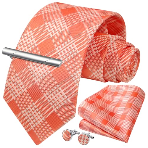 Image of HISDERN Plaid Ties for Men Classic Checkered Tie and Pocket Square Cufflinks Tie Clip Set Woven Men's Necktie Business
