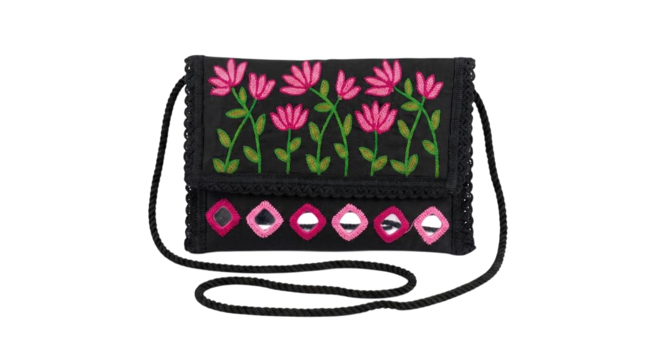 Handmade Cotton Sling Bag for Women Hand Embroidered Floral Ethnic Design |Crossbody Purse with Magnetic Flap & Inner Zip Pocket | Traditional Casual Shoulder purse with mirror work-image-39
