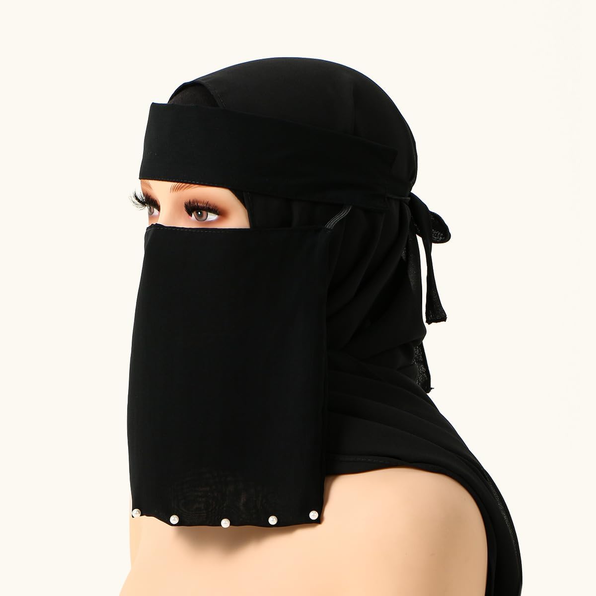Saudi Niqab with Buckram Headband,Black Face Veil 30x27cm Face Veil with Adjustable Tie Headband