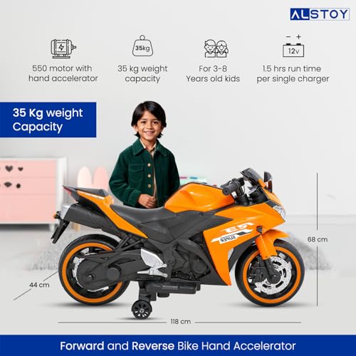 Image of Alstoy Ninja Ride-On Bike for Kids | 12V Rechargeable Battery Electric Toy Bike | Bluetooth Music | 35kg Capacity | Ages 3-8 Boys & Girls | BIS /ISI Approved | 6-Month Warranty | Large | Orange