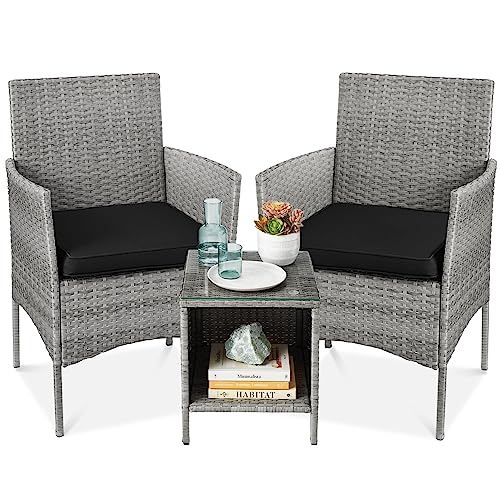 Best Choice Products 3-Piece Outdoor Wicker Conversation Bistro Set, Space Saving Patio Furniture for Garden w/Side Table – Gray/Black