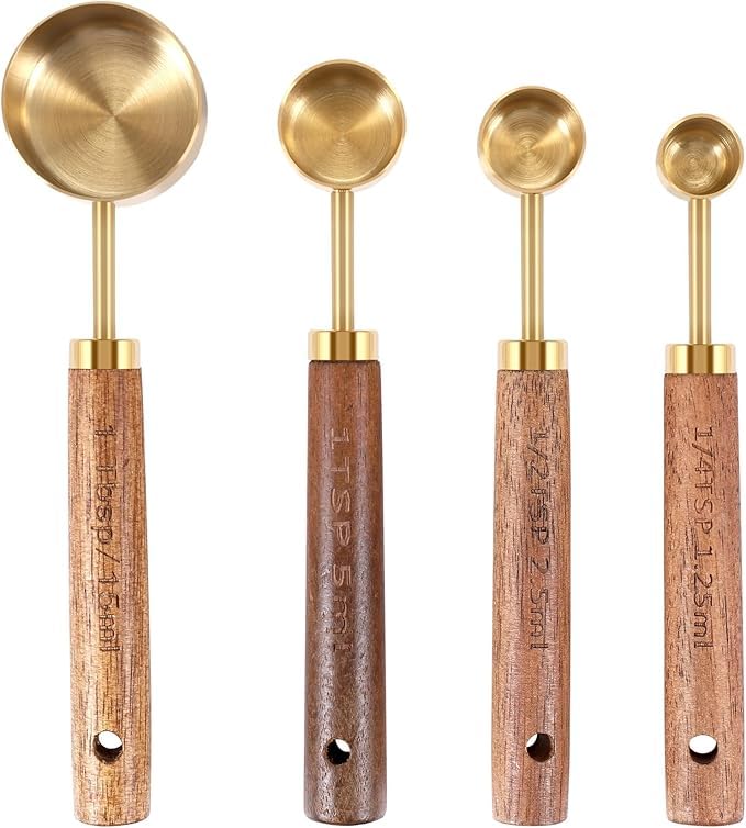 Mucit Home 4 Adet Gold Paslanmaz Çelik Ahşap Saplı Ölçü Kaşığı Seti Ölçü Kabı Küçük