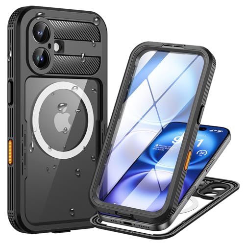 Lanhiem para Funda iPhone 16 Impermeable IP68, Magnética Carcasa 360 Grados Antigolpes Robusta Militar MagSafe Estanca Antipolvo Acuatica con Protector Pantalla Integrado, Negro