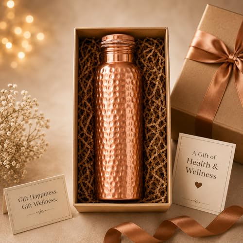 Image of 100% Pure Copper Water bottle 32 Oz with Cleaning brush, Hammered Design | Drink More Water, Lower Your Sugar Intake And Enjoy the Health Benefits Immediately (1 Brush +1Bottle)