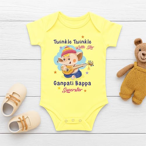 Image of Lillypupp Ganesh Chaturthi Dress For Baby Boy Girl| Ganpati Quotes Half Sleeve Unisex Cotton Romper Bodysuit For New Born Baby Clothes.