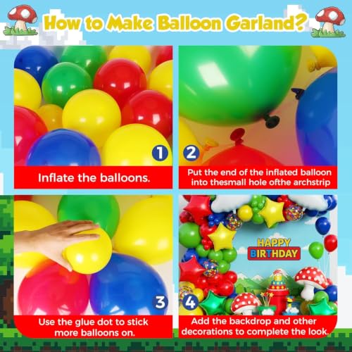 Image of Red Blue Green Yellow Balloon Arch Kit 192Pcs, Video Game Balloon