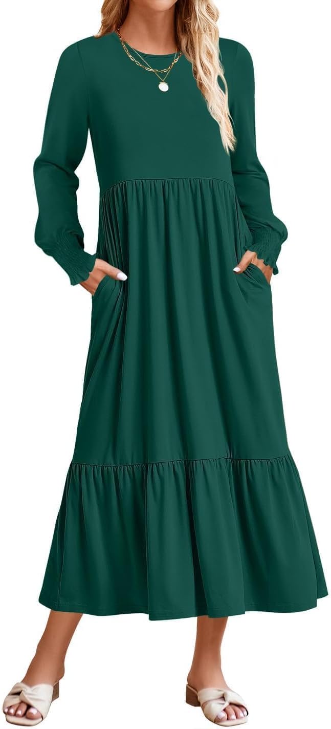 ZESICA Women's 2025 Fall Long Sleeve Dress Crewneck Casual Loose Pleated Tiered Swing Midi Dresses with Pockets
