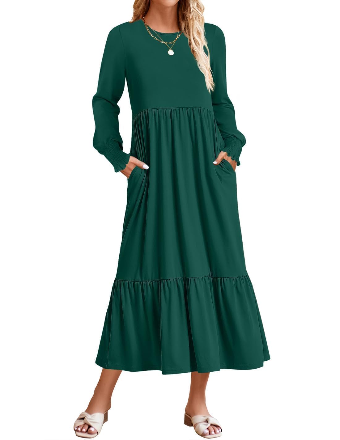 ZESICA Womens 2026 Fall Long Sleeve Dress Crewneck Casual Loose Pleated Tiered Swing Midi Dresses with Pockets