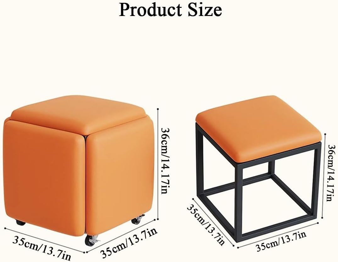 YCKEGEW Leather Square Bench Nesting Ottoman Chair 5 in 1-35 * 35cm,Sofa Chairs Stool with Swivel Casters Movable Footstool,Shoe Change Benchs(Blue)