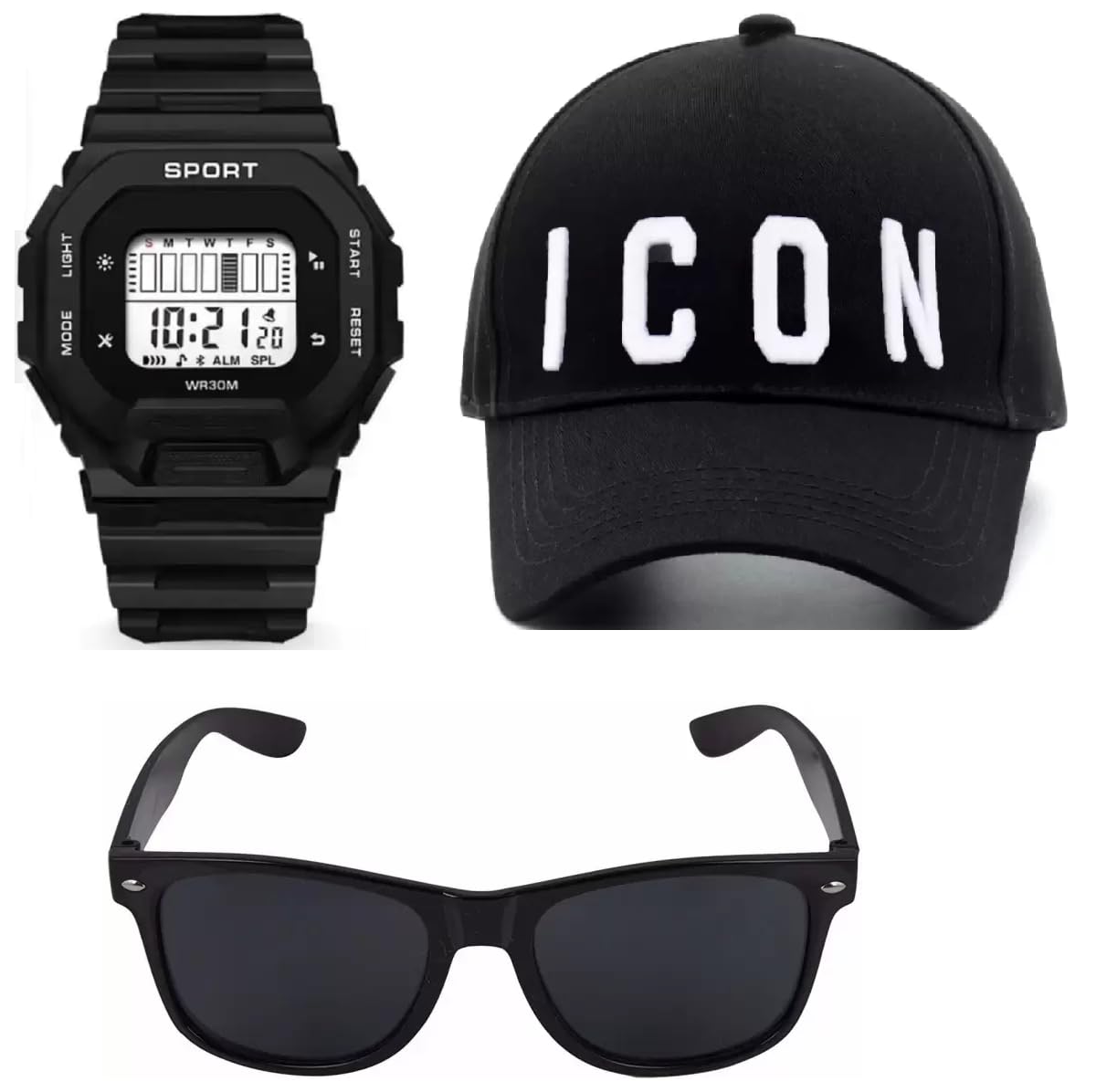 SELLORIABrand A Adjustable Cap Black Plain Cap and Black sunglas and Multi Colour Digital Watch Cap Quick Drying Sun Hat for Summers Activi.TES Sports Baseball Hat for Men Pack of 3